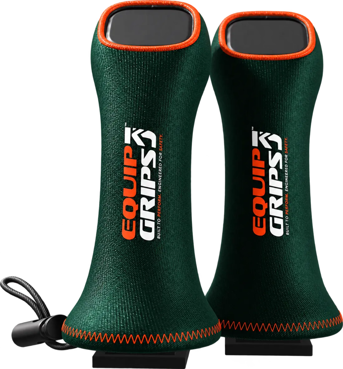 A pair of forest green EquipGrips joystick grip covers with orange trim and stitching
